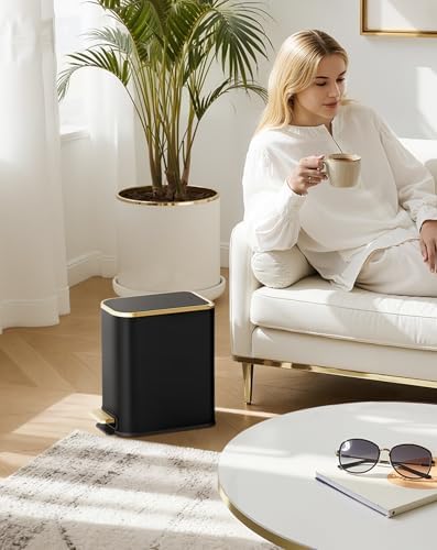 Cesun Small Bathroom Trash Can with Gold Grimmed Lid & Pedal, 1.3Gal, Black