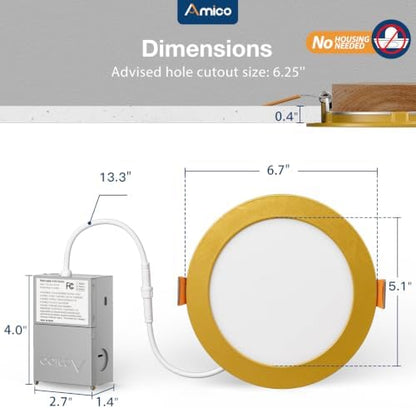 Amico 12 Pack 6 Inch Ultra-Thin LED Recessed Ceiling Lights Gold Finish