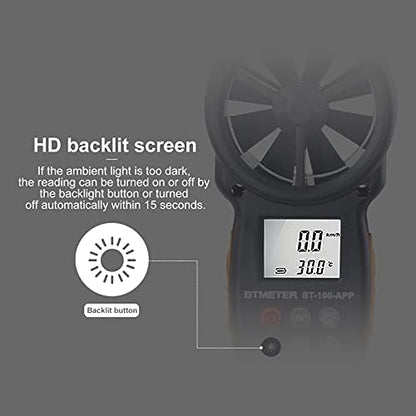 BTMETER BT-100APP Anemometer w/Wireless Bluetooth, Digital Handheld Wind Speed Meter for Wind Chill, Air Velocity, Temperature, Vane Anemometer Gauge