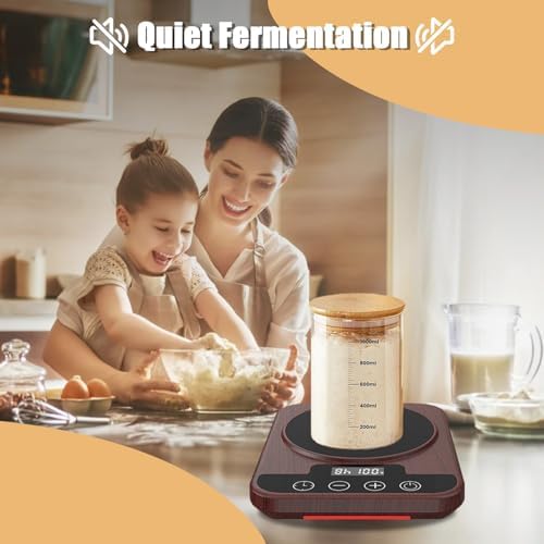 Sourdough Starter Warmer Mat, 12H Timer Warming Heating Pad, Precise 1°F Thermostat Control (70-100°F), Smart Memory Warming On/Off, Fits Jars Up to 40oz, Perfect for Home Baking (Wood)