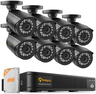 Anlapus H.265+ 8CH 1080P 2TB Outdoor Surveillance Camera Kit 2MP with DVR Recorder 1080P, Night Vision 20M Instant Alert & Free APP Remote Access