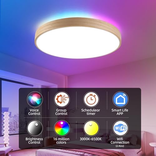 Smart WiFi LED Ceiling Light 12" Modern Wood Flush Mount with Remote