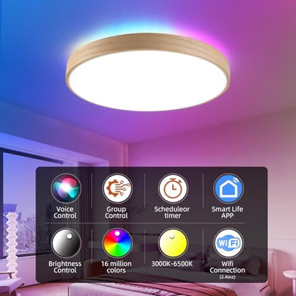 Smart WiFi LED Ceiling Light 12" Modern Wood Flush Mount with Remote