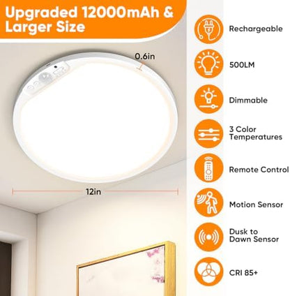 Rechargeable Motion Sensor Ceiling Light, 12000mAh Battery Closet Light