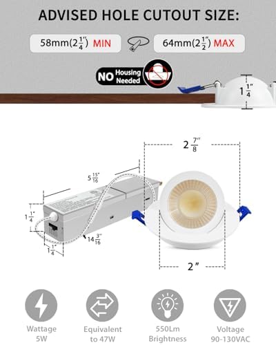 Adetu 2 Inch Gimbal LED Recessed Light, 5CCT, 5W, 550LM Brightness, 8 Pack
