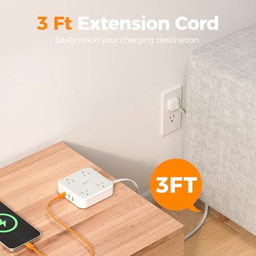 TESSAN Surge Protector Flat Extension Cord 3 Ft, Ring Plug Power Strip