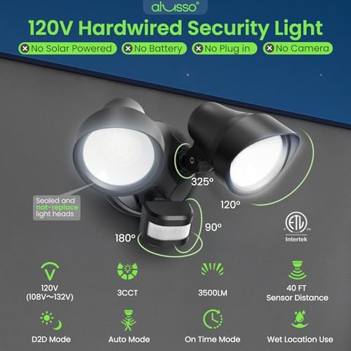 ALUSSO Motion Sensor Outdoor Lights, 30W 3500LM Flood Lights Outdoor 120V, 3 Modes (Dusk to Dawn/Auto/On Time), 3CCT 3000K/4000K/6500K Waterproof Hardwired Security Light ETL Listed for Porch, 2PCS
