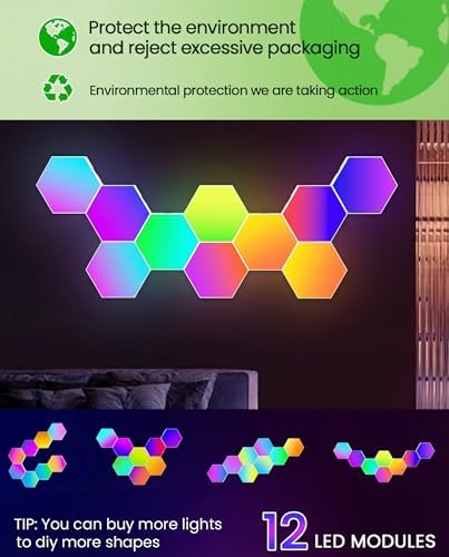 NIUCOO 12 Pack Hexagon LED Lights Panels – Smart RGB Wall Lights with APP/Remote & Music Sync, DIY Modular & Gaming Room Decor, Wall LED Panels Lights for Bedroom