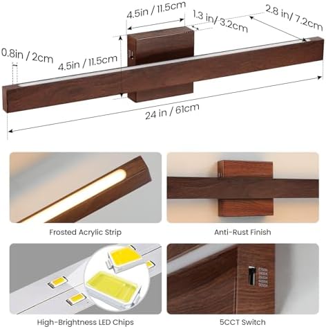 Modern Bathroom Light Fixtures Over Mirror, 24 Inch Brown Wood Finish Vanity Light Bar 20W Dimmable 5CCT LED Vanity Lights for Bathroom Wall Lighting Fixtures Over Mirror