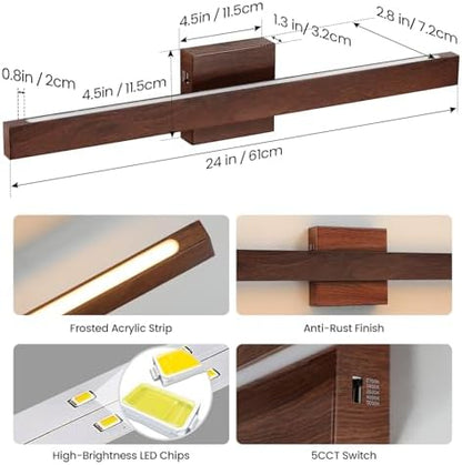 Modern Bathroom Light Fixtures Over Mirror, 24 Inch Brown Wood Finish Vanity Light Bar 20W Dimmable 5CCT LED Vanity Lights for Bathroom Wall Lighting Fixtures Over Mirror