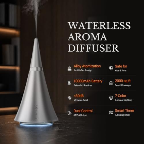 Waterless Essential Oil Diffuser，Bluetooth App Control for Large Rooms