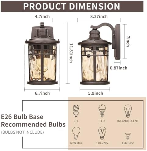 Darkaway Outdoor Wall Light Fixture,Outside Porch Lights Wall Mounted Amber Ripple Glass 2pcs Modern Exterior Waterproof Wall Sconce Lighting for House Front Door Garage