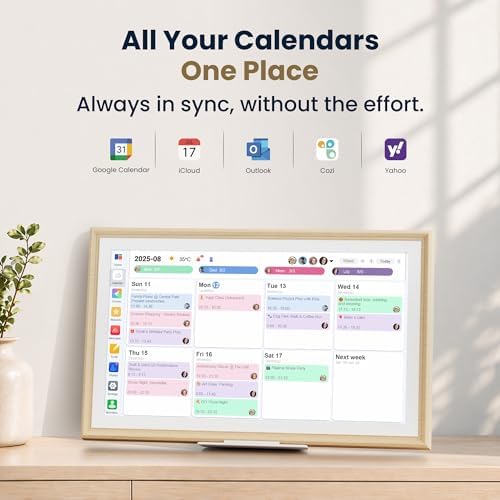 15.6-Inch Smart Digital Calendar & Photo Frame for Family, Wall Planner with Light Wood Frame, Auto-Sync to Apple, Google & Outlook, Touchscreen Display with Chore Chart, To-Do Lists & Meal Planner, No Subscription
