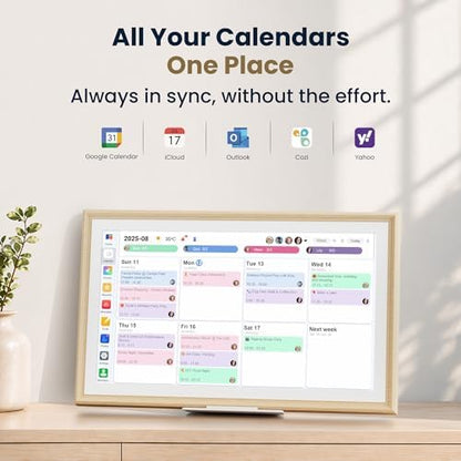 15.6-Inch Smart Digital Calendar & Photo Frame for Family, Wall Planner with Light Wood Frame, Auto-Sync to Apple, Google & Outlook, Touchscreen Display with Chore Chart, To-Do Lists & Meal Planner, No Subscription