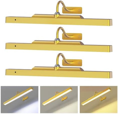 Picture Light 3Pack- 16in Picture Lights for Wall, 5000mAh Wireless Rechargeable Battery Picture Lights, Wall Light, Art Display Light for Gallery Artwork, Paintings, Portraits, Dartboards- Gold