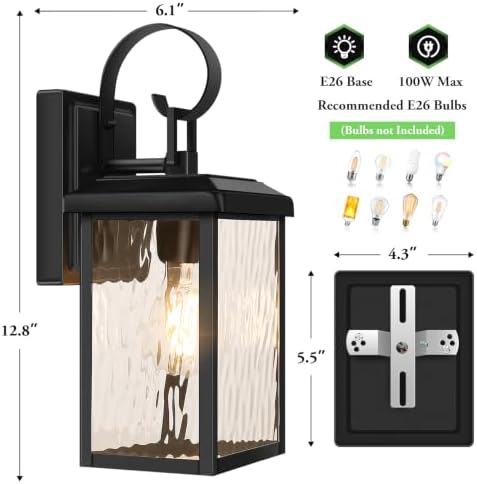 BesLowe 2-Pack Outdoor Wall Light Fixtures with Water Ripple Glass, Black