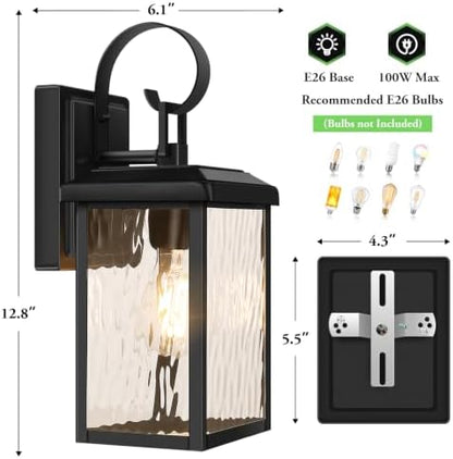 BesLowe 2-Pack Outdoor Wall Light Fixtures with Water Ripple Glass, Black