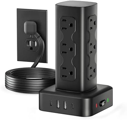 Power Strip Tower with 12 AC Outlets & 4 USB Ports(2 USB C), 6FT Cord
