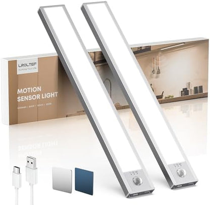 LROLTEF Under Cabinet Lighting Wireless, 2 Pack 11.8 inch 2200mAh 6500K Dimmable Motion Sensor Light Indoor, Rechargeable LED Under Counter Lights for Kitchen, Shelf, Stairs, Closet
