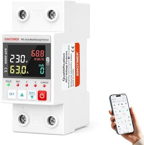 Colorful LED WiFi Smart Energy Meter, AC 63A 220VAC WiFi Earth Leakage Over Under Voltage Protector, Circuit Breaker Din Rail, Electricity Energy Monitor APP Remote Control Smart Life