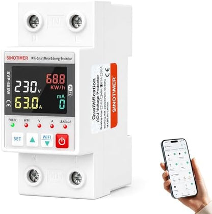 Colorful LED WiFi Smart Energy Meter, AC 63A 220VAC WiFi Earth Leakage Over Under Voltage Protector, Circuit Breaker Din Rail, Electricity Energy Monitor APP Remote Control Smart Life
