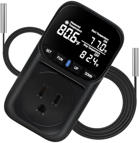 1800W Digital Thermostat for Reptile Tank, -40℉~210℉, Plug in Thermostat for Heater/Greenhouse with 5m/2m Cable, 15A Temperature Controlled Outlet with VA Display, Temp ±0.1°F, Black