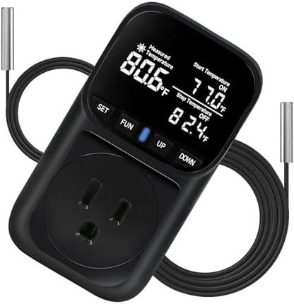 1800W Digital Thermostat for Reptile Tank, -40℉~210℉, Plug in Thermostat for Heater/Greenhouse with 5m/2m Cable, 15A Temperature Controlled Outlet with VA Display, Temp ±0.1°F, Black