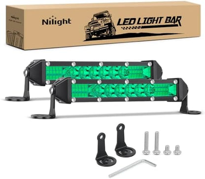 Nilight Slim LED Light Bar 2 PCS Green 7 Inch Single Row 16LEDs