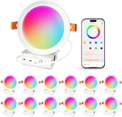 iLC 6 inch LED Recessed Lighting Color Changing, Compatible with Alexa (Speaker Required), App Controlled, RGB Canless Recessed Lights, 16 Million Colors,2700K-6000K,14W,1400LM, Bluetooth Mesh,12Packs