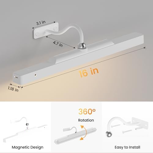Rechargeable Picture Light for Wall Art White - 3 Color Temperatures,Remote Control & Adjustable Angle Wall Mount Battery Operated Wall Light for Paintings,Gallery,Frames,Photos (13H Runtime, 350LM)