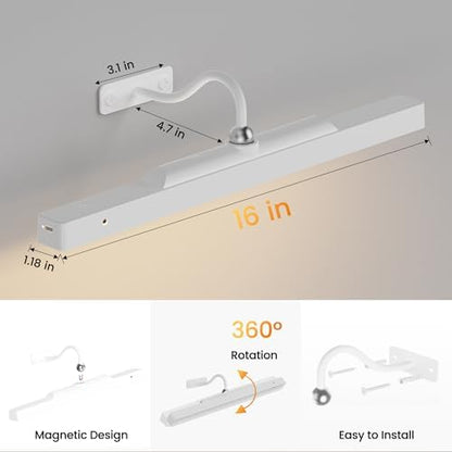 Cordless White Picture Lights for Wall Artworks - Wireless Remote, 3 Modes Dimmable 350LM Above Frame Lighting, 5000mAh Rechargeable Battery Wall Mount for Photo, Gallery,Paintings,Dartboard(2-Pack)