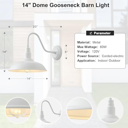 2 Pack 14in Barn Gooseneck Lights for House, White Outdoor Farmhouse Wall Light Fixture for Porch, Exterior Patio Wall Sconce for Front Door, Garage