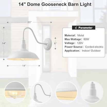2 Pack 14in Barn Gooseneck Lights for House, White Outdoor Farmhouse Wall Light Fixture for Porch, Exterior Patio Wall Sconce for Front Door, Garage
