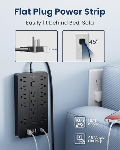 JouleLoom Surge Protector Power Strip-14 Outlets and 6 USB Ports, 20 Feet Flat Plug Extension Cord, 1850 Joules, Black, ETL Listed for Home, Office, Dorm Room