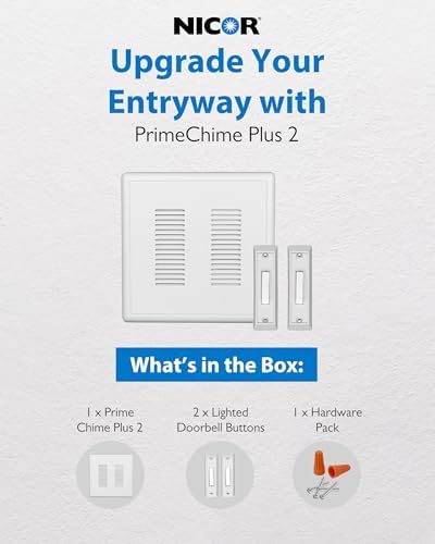 PrimeChime Plus 2 Electric Doorbell Kit - Doorbells for Home - Includes Selectable Ring Chimes - Basic Button, White - NICOR Lighting