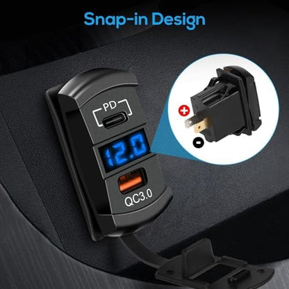 Linkstyle Car Rocker Switch Outlet, 36W QC3.0 USB-A Port & 55W PD Port Charger Socket with LED Voltmeter for 12V/24V RV Boat Motorcycle