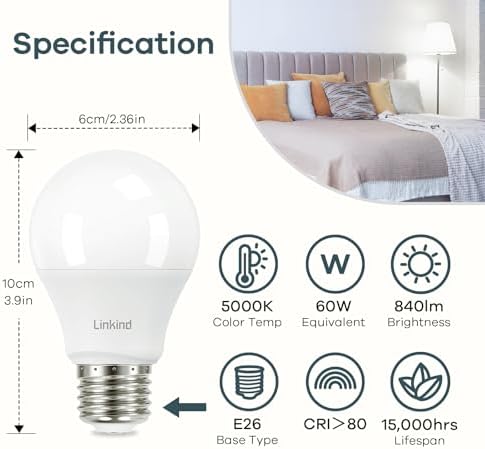Linkind A19 LED Light Bulbs, 60 Watt Equivalent, 5000K Daylight 12 Packs