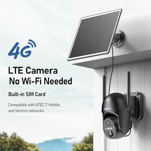 SEHMUA 2 Pack 4G LTE Cellular Solar Security Camera Wireless Outdoor, No Wi-Fi Solar Powered Camera, 360° Live View, 2K Color Night Vision, PIR Motion Sensor, Two-Way Talk, Built-in SIM Card, Black