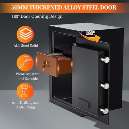 WASJOYE Fireproof Cabinet Safe Box - 2.5 Cubic Feet Home Security Safes with Fireproof Lock Drawer, Smart Cabinet Safe Box Safety Key Lock Type-C Port Alarm System for Home Office Hotel Storage