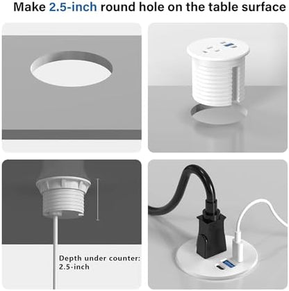 2.5 inch Power Grommet,20W USB-C Charging,1 Outlet with 2 USB C,1 USB Port,Furniture Flush Mount for Desktop,Recessed Power Strip,Workspace Essential Desk Outlet (White, 6 FT)
