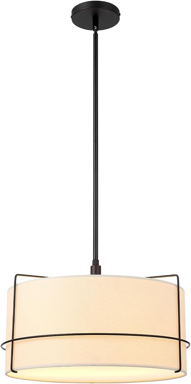 Globe Electric 2-Light Pendant Light, Off-White Fabric Shade with Matte Black Frame & Etched Acrylic Plate, Coastal or Updated Traditional Lighting for Dining Room or Bedroom