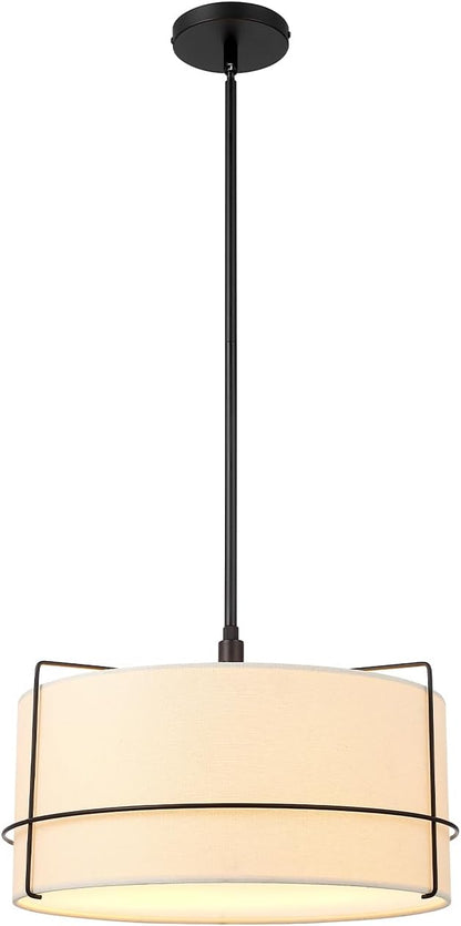 Globe Electric 2-Light Pendant Light, Off-White Fabric Shade with Matte Black Frame & Etched Acrylic Plate, Coastal or Updated Traditional Lighting for Dining Room or Bedroom