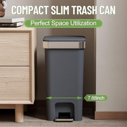 Bathroom Trash Can with Lid, 2.6 Gallon /10 Liter Small Garbage Can, Press Top Bin & Step Metal Pedal Trash Bin Plastic Wastebasket for Bedroom, Office, Kitchen, Dorm (Black Gray)