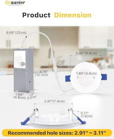 Ensenior 12 Pack 3 Inch LED Recessed Light, Canless, 5CCT Dimmable Wafer