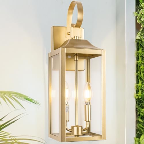 19" Gold Outdoor Wall Lantern 2-Light, Large Modern Outdoor Sconce Lights