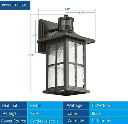 FLEDAVID Motion Sensor Porch Light Black Dusk to Dawn Outdoor Wall Lantern
