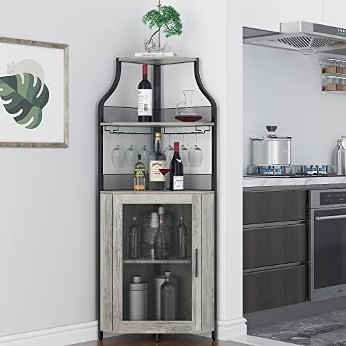 GAOMON Corner Bar Storage Cabinet, 5-Tier Farmhouse Liquor Cabinet with Glass Holder Wine Cabinet with Barn Door & Adjustable Shelf, Home Bar Storage for Home,Dining Room, Kitchen, Gray