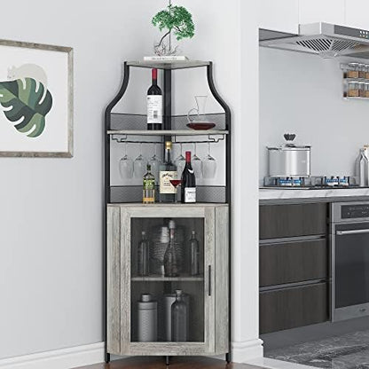 GAOMON Corner Bar Storage Cabinet, 5-Tier Farmhouse Liquor Cabinet with Glass Holder Wine Cabinet with Barn Door & Adjustable Shelf, Home Bar Storage for Home,Dining Room, Kitchen, Gray