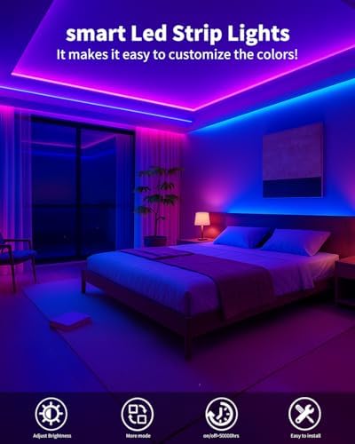 Smart LED Strip Lights 50FT for Bedroom App Control Lighting Bedroom Rome Decor with Remote, RGB Music Sync Color Changing LED Lights for Party,Game Room