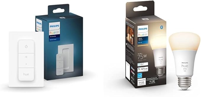 Philips Hue Smart Dimmer Switch with Remote + Philips Hue White A19 Medium Lumen Smart Bulb (1100 Lumens)